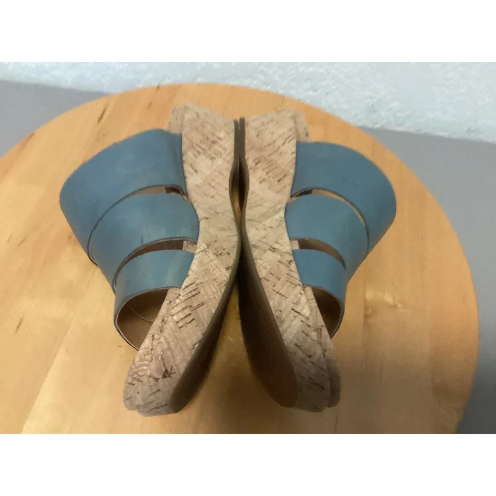 Kork-Ease Wedge Slide Sandals Womens 7M Blue/Gray Leather Triple Strap KE0004734